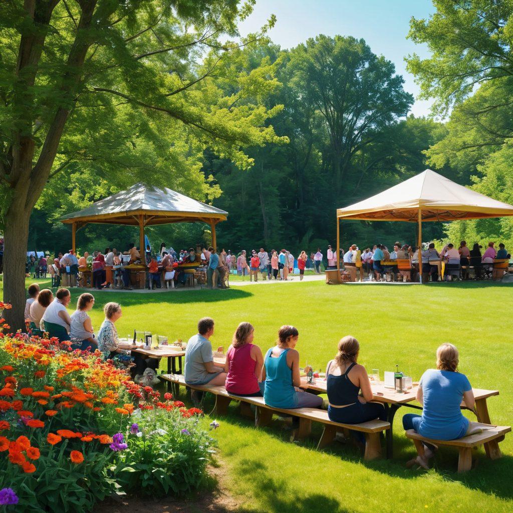 A vibrant community gathering scene showcasing diverse people joyfully interacting at a park in Becker County, surrounded by lush greenery and colorful flowers. Include elements like a local band playing music, children playing games, and a booth where people share experiences and stories. Emphasize smiles and a sense of togetherness to highlight proactive happiness. sunny day, lively atmosphere. super-realistic. vibrant colors.