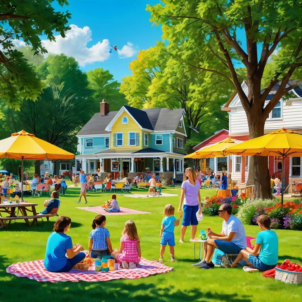 A vibrant and joyful scene depicting a family enjoying various community events in Becker County, with children playing, families picnicking, and colorful decorations. Include iconic local landmarks and greenery in the background, to evoke a sense of togetherness and happiness. The atmosphere should be lively and welcoming, capturing the essence of community spirit. bright colors. cartoon style. 3D effect.