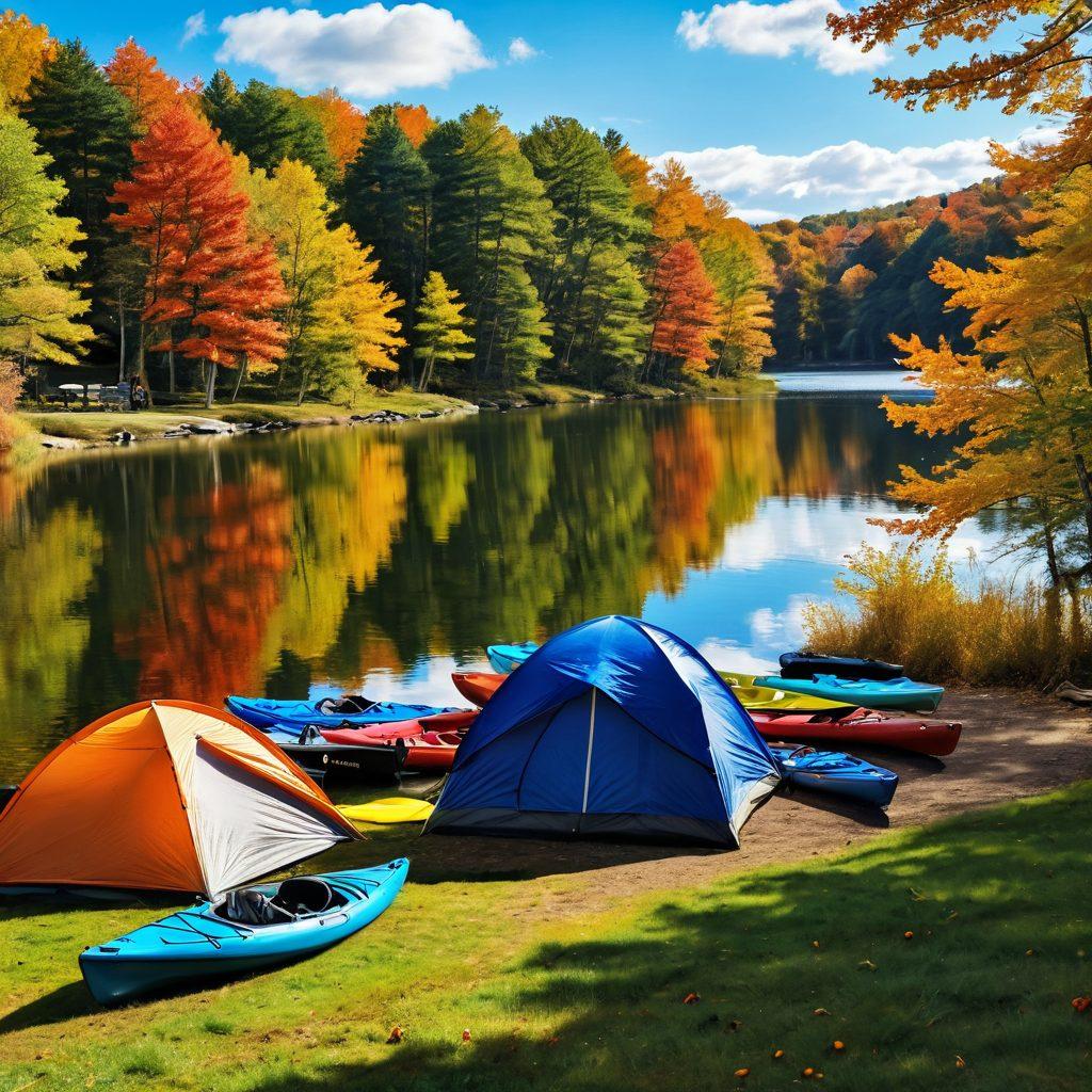 A picturesque landscape of Becker County, featuring a serene lake surrounded by vibrant autumn foliage, with people kayaking and hiking along scenic trails. In the foreground, a lively outdoor festival is happening, with colorful tents, families enjoying activities, and joyful music notes in the air. The sky is bright blue with fluffy white clouds, capturing the essence of a happy lifestyle. super-realistic. vibrant colors. 3D.